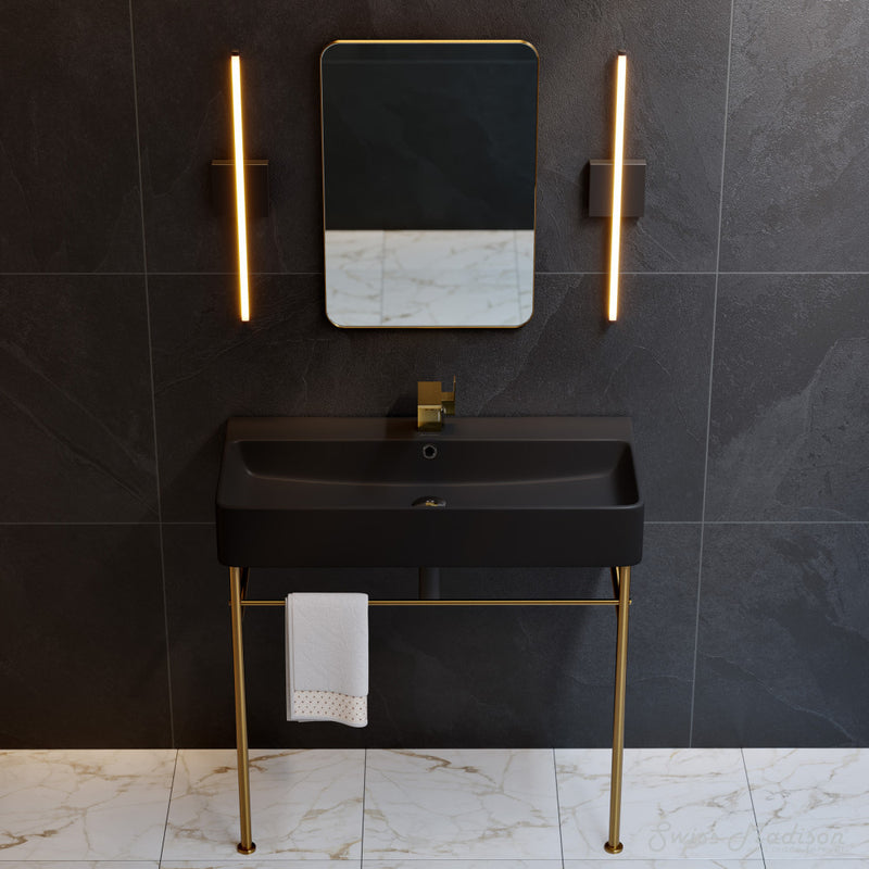 Carre 36 Ceramic Console Sink Matte Black Basin Brushed Gold Legs