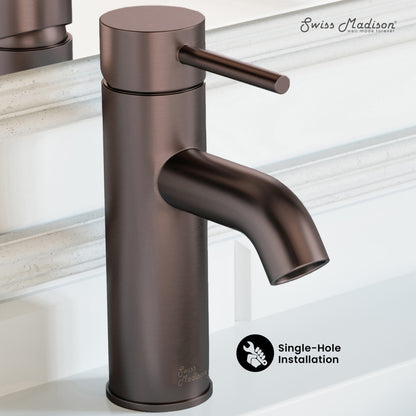 Single-handle bathroom faucet in oil rubbed bronze, cylindrical design, single-hole installation.