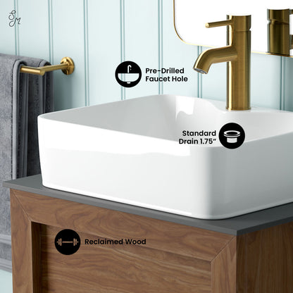 24-inch freestanding reclaimed wood bathroom vanity with slate countertop and single hole vessel sink.