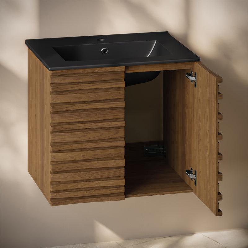 Cascade 24" Wall-Mounted Bathroom Vanity in Brown Oak with Black Sink Top