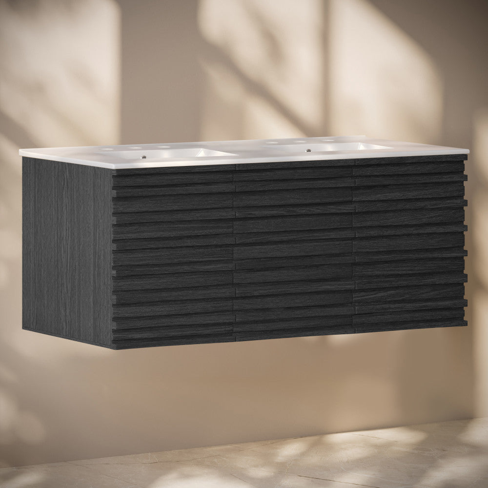 Cascade 48" Wall-Mounted Bathroom Vanity in Black Oak with 3-Hole Widespread Double Basin Sink Top