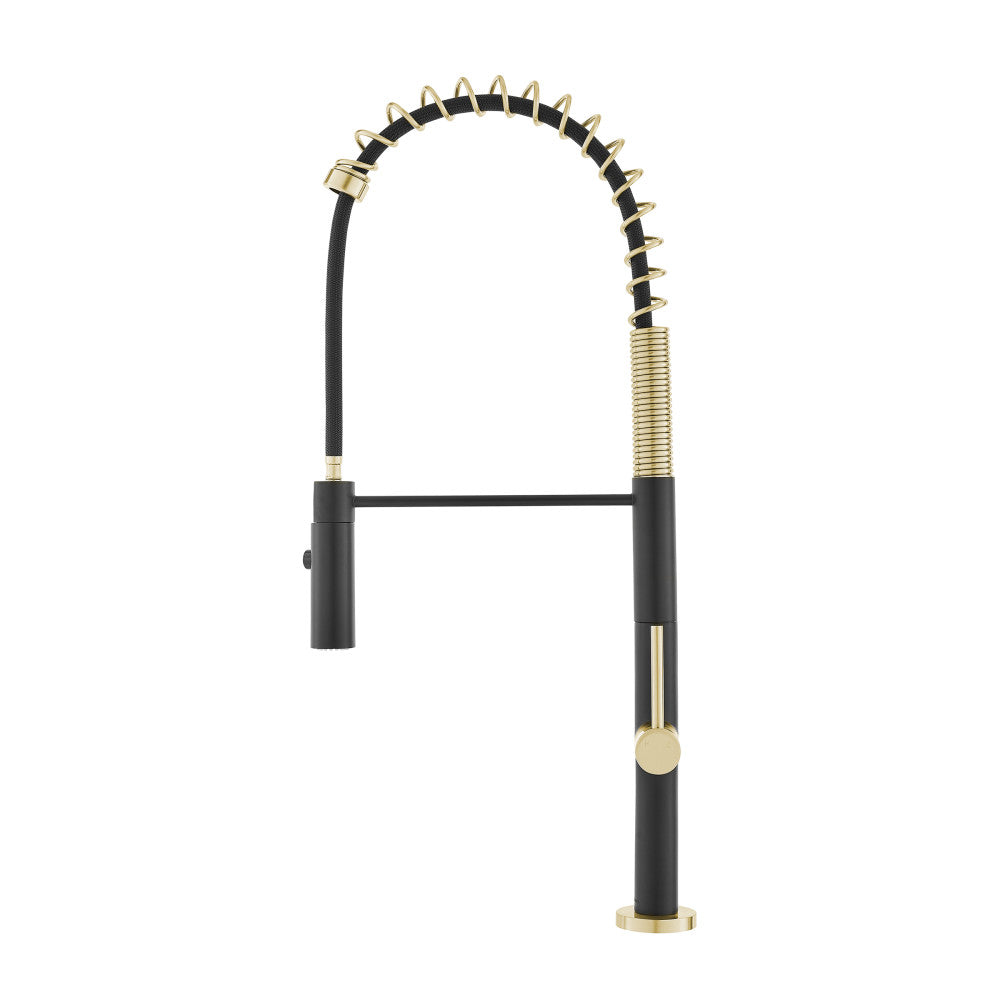 Single handle pull-down kitchen faucet in brushed gold and black, high-arc spring spout design.