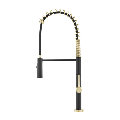 Single handle pull-down kitchen faucet in brushed gold and black, high-arc spring spout design.