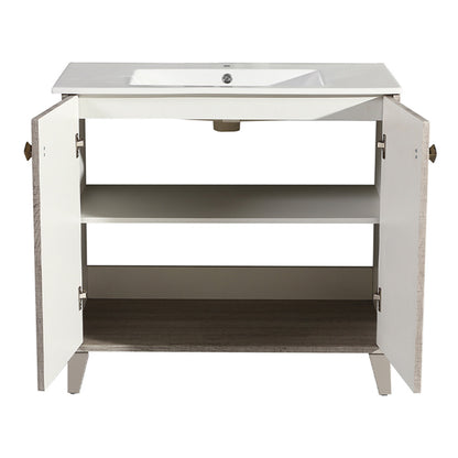 36-inch freestanding bathroom vanity in gray oak with single sink and soft-close doors.