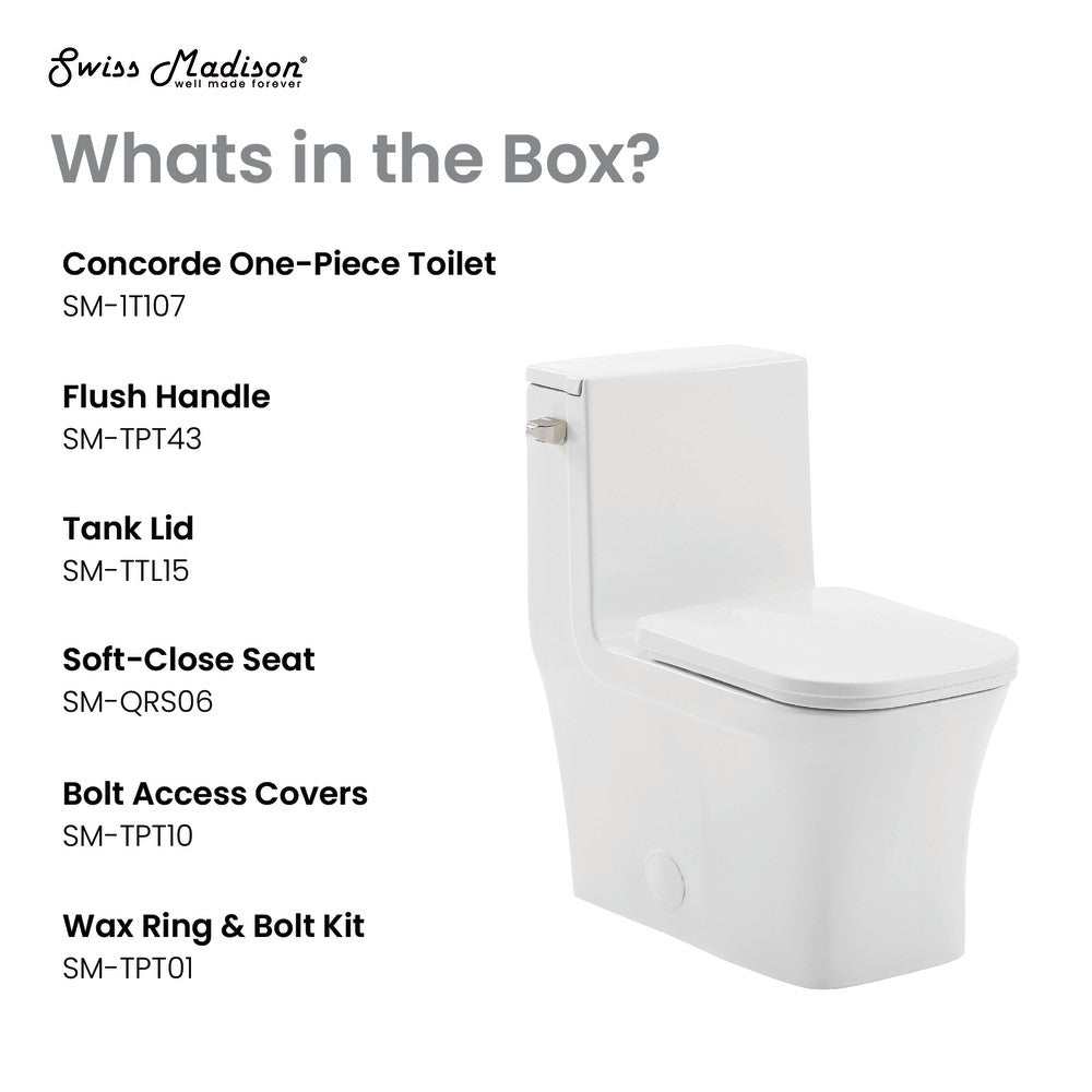 Elongated one-piece toilet in glossy white, left-hand flush, compact 12" rough-in design.