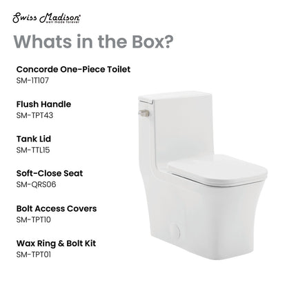 Elongated one-piece toilet in glossy white, left-hand flush, compact 12" rough-in design.
