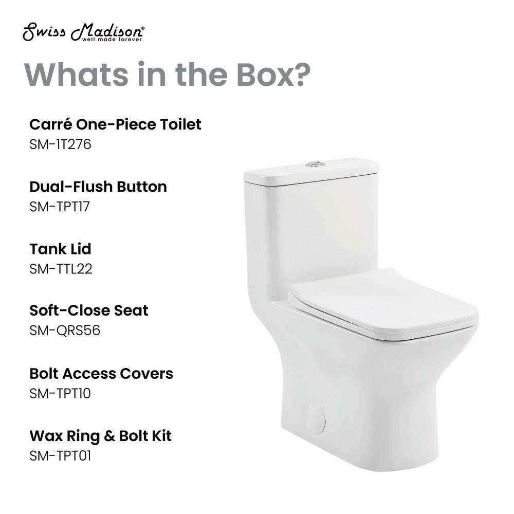 Elongated one-piece square toilet with dual-flush button and soft-close seat, 10" rough-in.