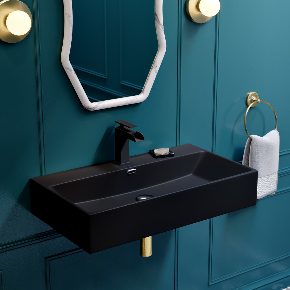 30" rectangular wall-mount bathroom sink in matte black with single-handle matte black faucet.