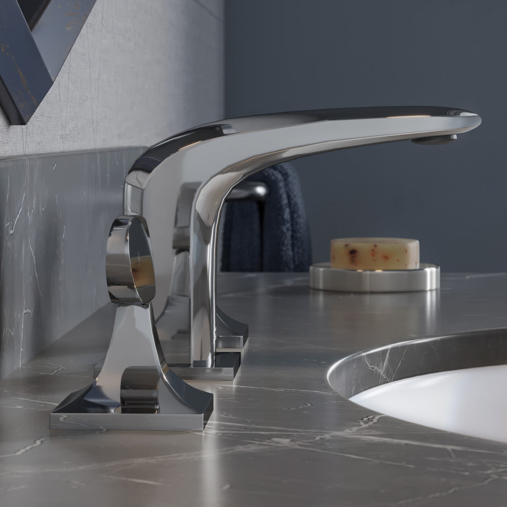 Widespread bathroom faucet in chrome with two handles and sleek rectangular base design.