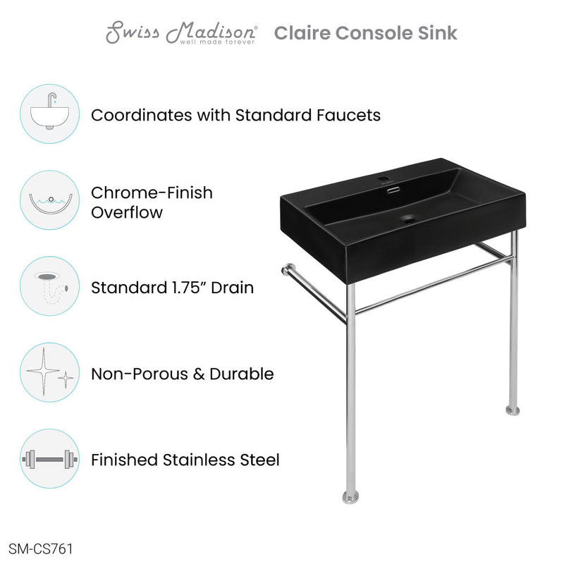 Claire 24 Ceramic Console Sink Matte Black Basin Chrome Legs