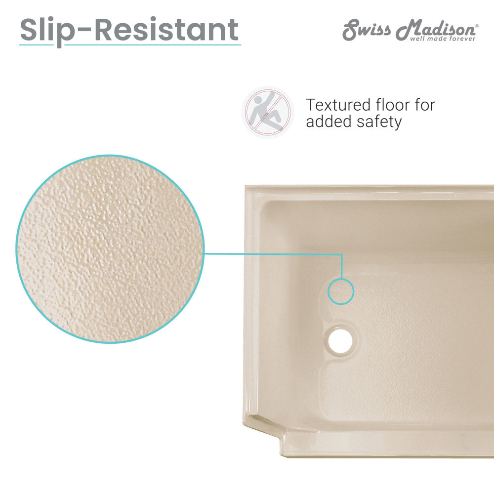 60" x 32" biscuit-colored seated shower base with left-hand drain and textured slip-resistant floor.