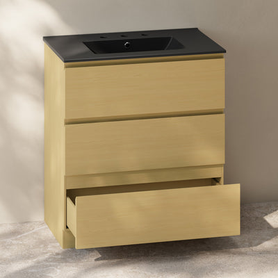 Liberte 30" Freestanding Bathroom Vanity in Natural Oak with Black 3-Hole Widespread Sink Top
