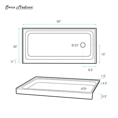 Voltaire 60 x 30 Shower Pan Base with Right Drain in Glossy White