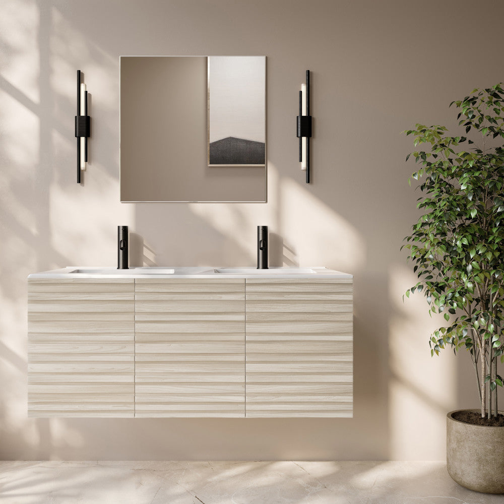 Cascade 48" Wall-Mounted Bathroom Vanity in White Oak with Double Basin Sink Top