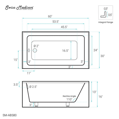 Virage 60" x 30" Left-Hand Drain Alcove Bathtub with Apron