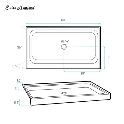 Voltaire 60" x 36" Single-Threshold, Center Drain, Shower Base in Biscuit