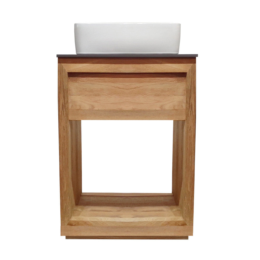 24-inch freestanding bathroom vanity in natural teak with slate countertop and single hole vessel sink.