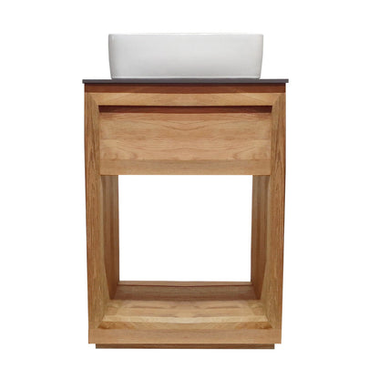 24-inch freestanding bathroom vanity in natural teak with slate countertop and single hole vessel sink.