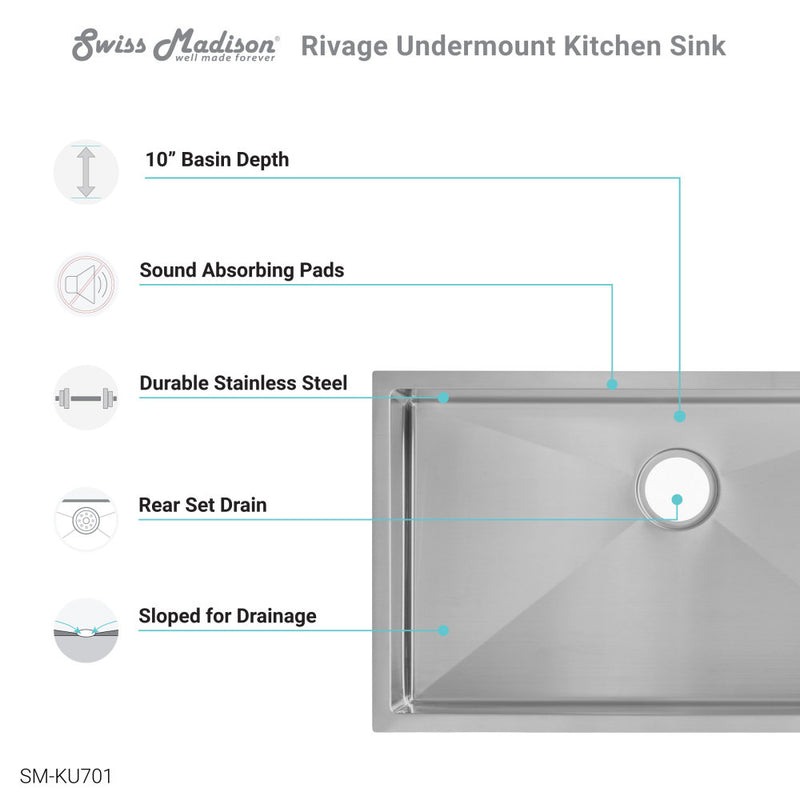 Rivage 32 x 19 Stainless Steel, Single Basin, Undermount Kitchen Sink