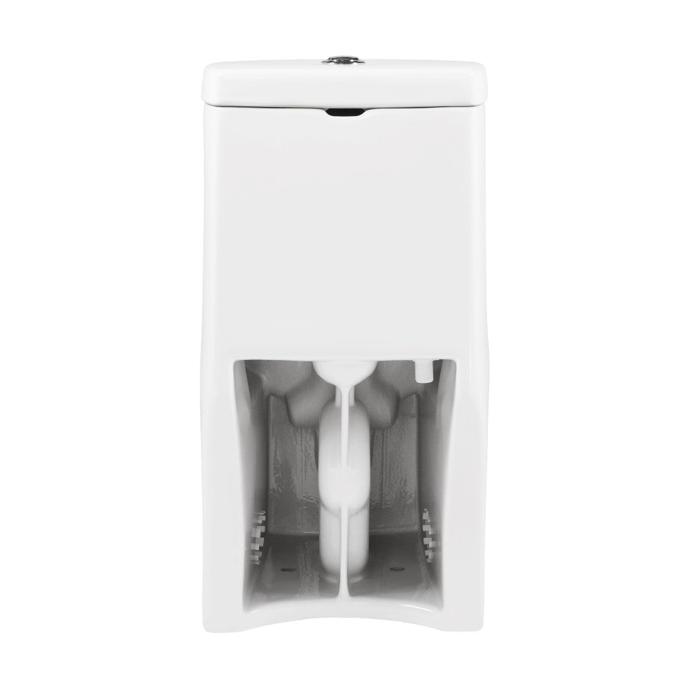 Elongated one-piece toilet with dual flush and 10-inch rough-in, white ceramic finish.