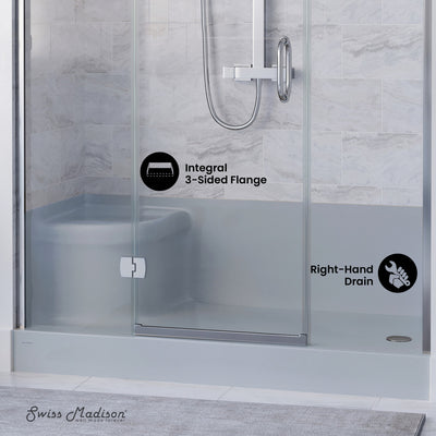 Aquatique 60" x 32" Single Threshold Shower Base With Right Hand Drain and Integral Left Hand Seat in Grey