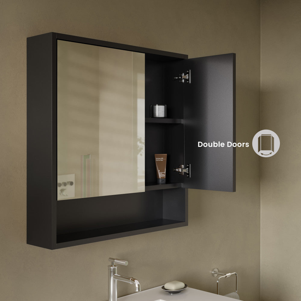 Delice 30 x 30 Rectangle Wall Mount Medicine Cabinet in Satin Black with Open Shelf