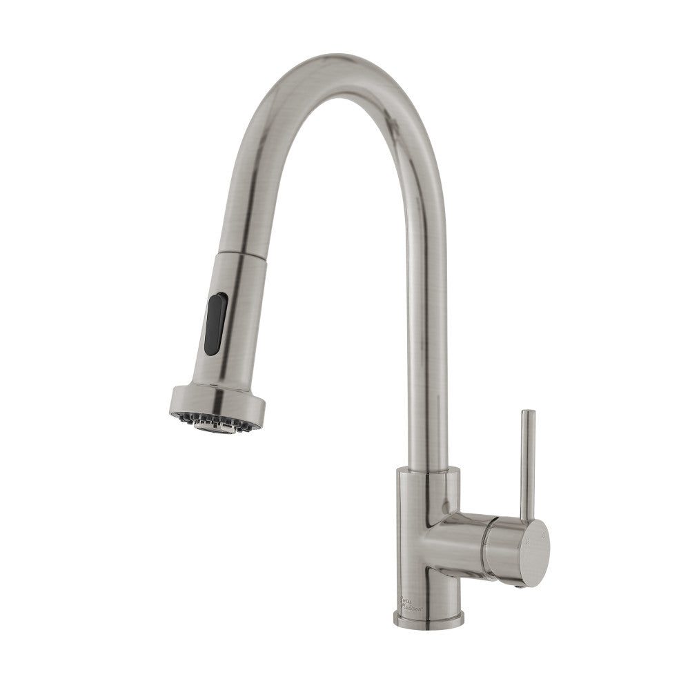 Single handle pull-down kitchen faucet in brushed nickel with high-arc spout and spray head.