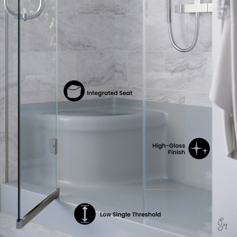 Aquatique 60" x 32" Single Threshold Shower Base With Right Hand Drain and Integral Left Hand Seat in Grey