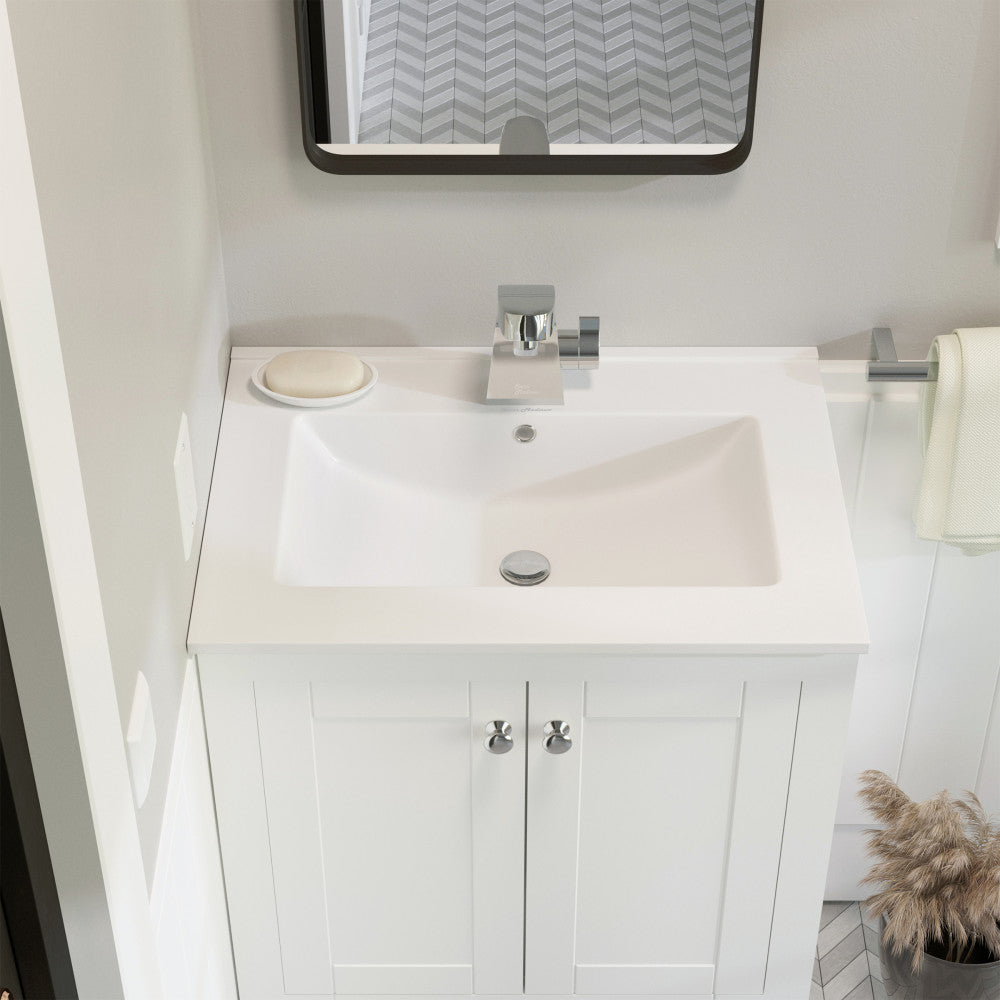 24-inch white ceramic vanity top with single faucet hole and integrated rectangular sink.
