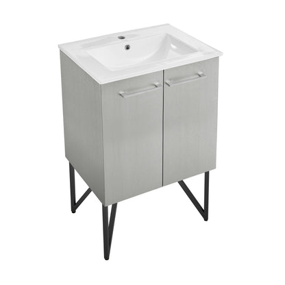 24-inch freestanding gray bathroom vanity with sink top and two-door cabinet on black legs.