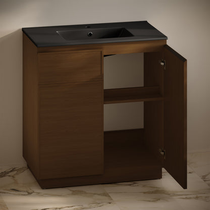 St. Tropez 36" Freestanding Bathroom Vanity in Brown Oak with Black Sink Top