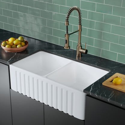 Delice 33" Double Basin Fireclay Farmhouse Kitchen Sink in Glossy White