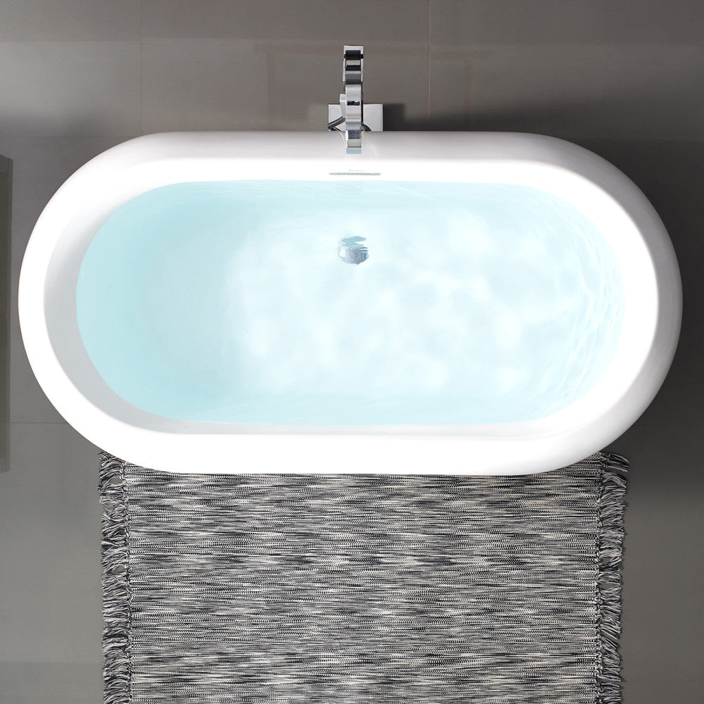 Freestanding soaking bathtub 63 inch with center drain and modern chrome faucet.
