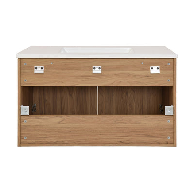 Classe 36 in. Brown Oak Wall Hung Bathroom Vanity With White, 3-Hole Ceramic Sink Top