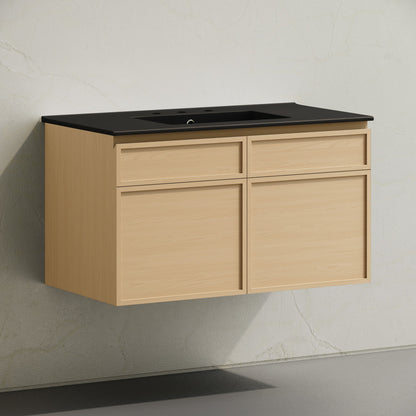St. Tropez 36" Wall-Mounted Bathroom Vanity in Natural Oak with Black 3-Hole Widespread Sink Top