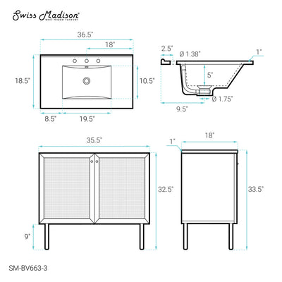 Classe 36" Freestanding Bathroom Vanity in Golden Oak with 3-Hole Widespread Sink Top