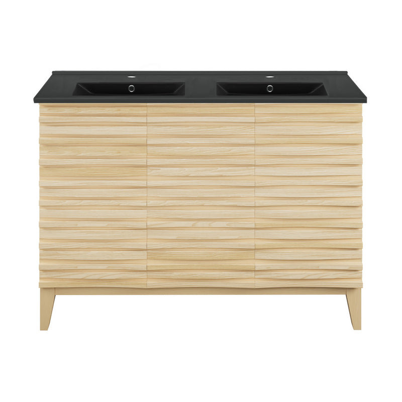 Cascade 48 in. Natural Oak, Double Basin Bathroom Vanity With Black Ceramic Sink Top