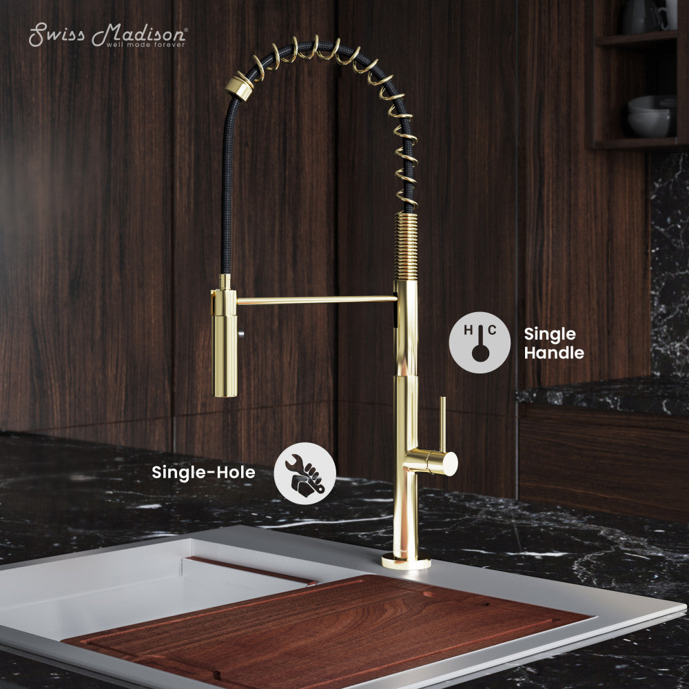Pull-down single handle kitchen faucet in brushed gold with spring spout and single-hole mount.