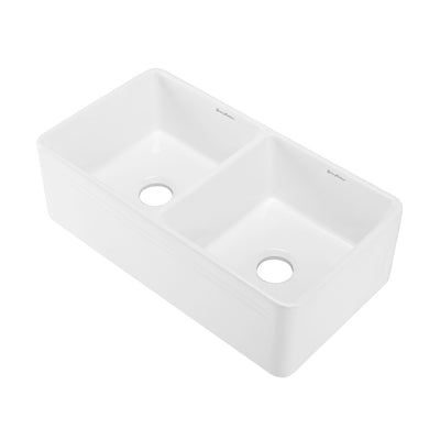 Delice 34" Double Basin Ceramic Farmhouse Kitchen Sink in Glossy White