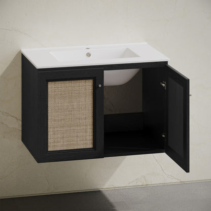 Classe 30" Wall-Mounted Bathroom Vanity in Black Oak with Single Faucet Hole Vanity Top
