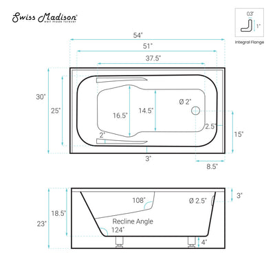 Voltaire 54 x 30 Skirted Right Drain Soaking Alcove Bathtub in Glossy Black with Integrated Armrest