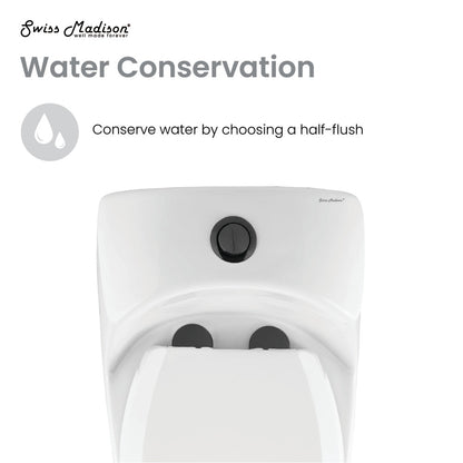 Elongated one-piece toilet with dual flush and black hardware.