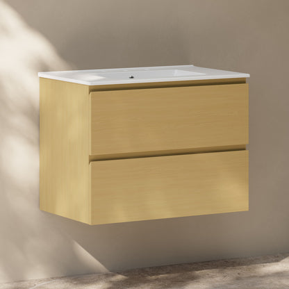 Liberte 30" Wall-Mounted Bathroom Vanity in Natural Oak with 3-Hole Widespread Sink Top