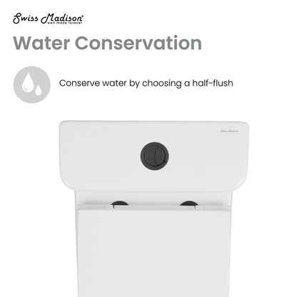 One-piece square toilet with dual flush and black hardware, compact design.