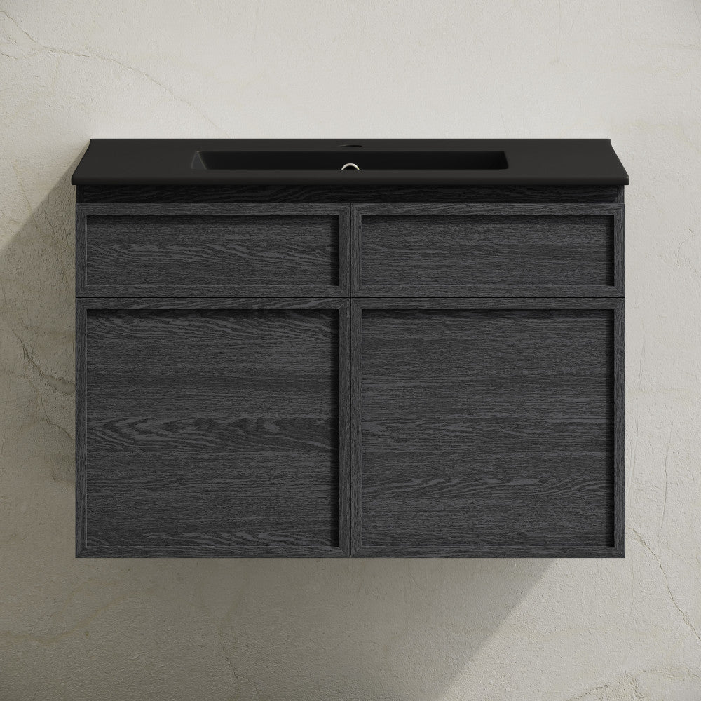 St. Tropez 30" Wall-Mounted Bathroom Vanity in Black Oak with Black Sink Top