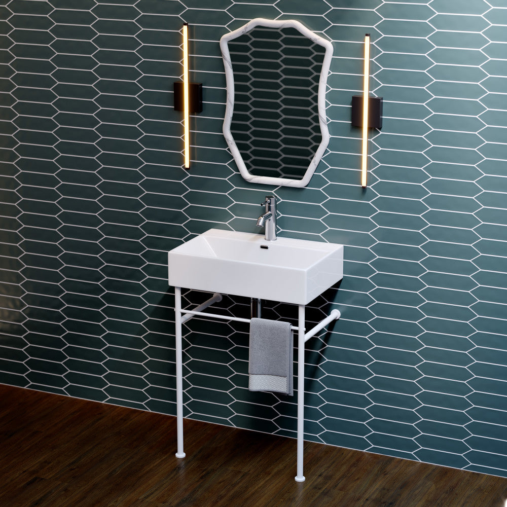 White ceramic rectangular console sink with matte white metal legs and single faucet hole.