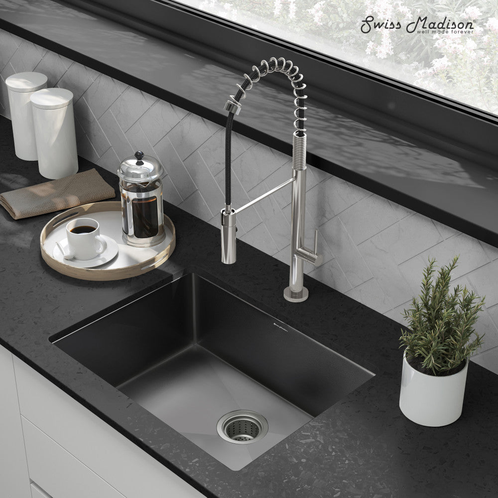 23 x 18-inch black stainless steel single basin undermount kitchen sink with modern spring coil faucet.
