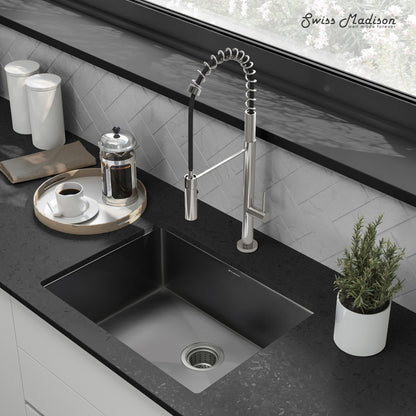 23 x 18-inch black stainless steel single basin undermount kitchen sink with modern spring coil faucet.