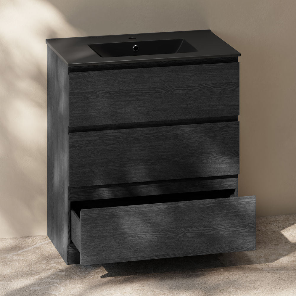 Liberte 30" Freestanding Bathroom Vanity in Black Oak with Black Sink Top