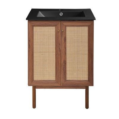 Classe 24 in. Brown Oak Bathroom Vanity With Black Ceramic Sink Top